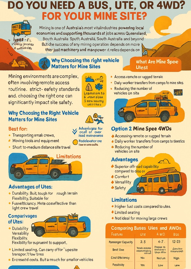 very detailed infographic for users looking to hire a bus, ute or 4WD