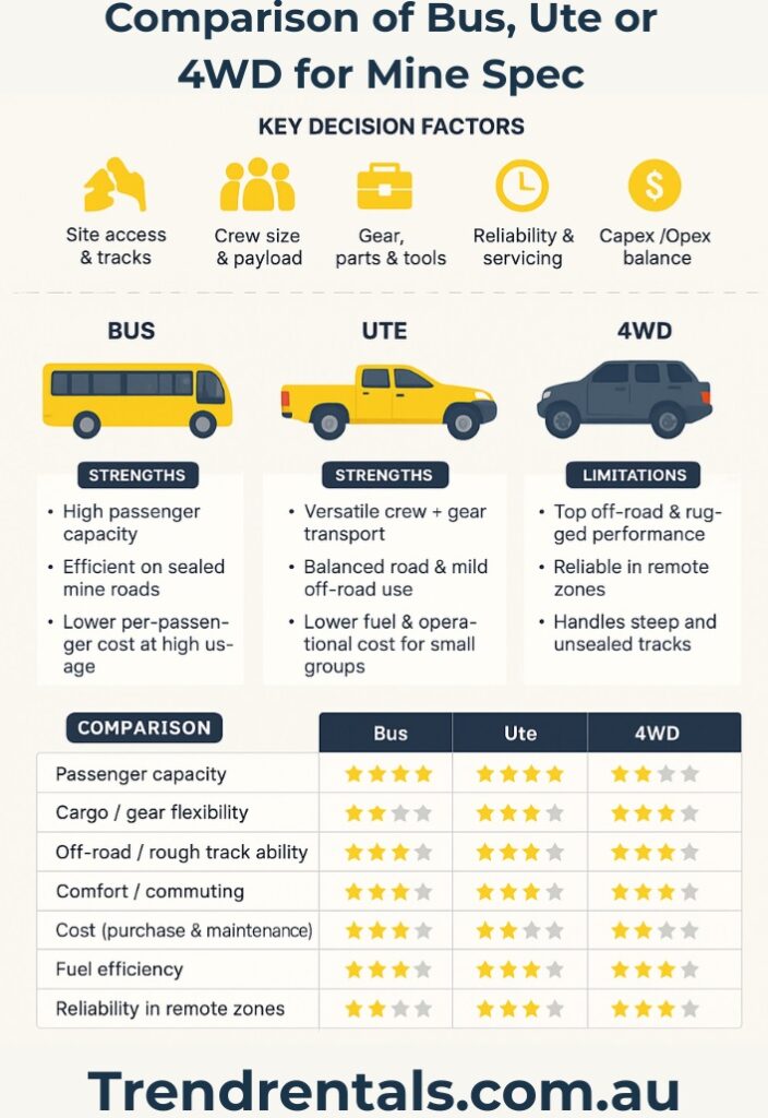 trend rentals infographic comparison of bus, ute or 4WD for mine spec