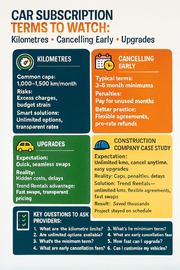 detailed infographic about Subscription Terms to Watch: Kilometres, Cancelling Early, Upgrades